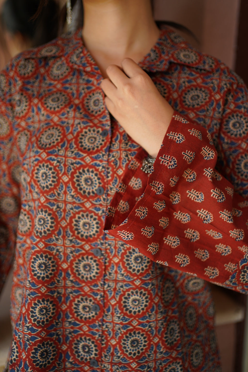 Rust & Navy Ethnic Printed Cotton Top | Mandarin Collar | Full Sleeves