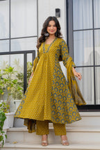 Mustard Printed Cotton Kurta Pant Dupatta Set for Women