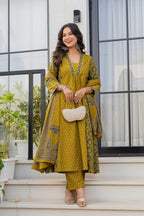 Mustard Printed Cotton Kurta Pant Dupatta Set for Women