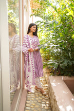 Purple & White Cotton Printed Kurta Pant Dupatta Set with Floral Mirror Work