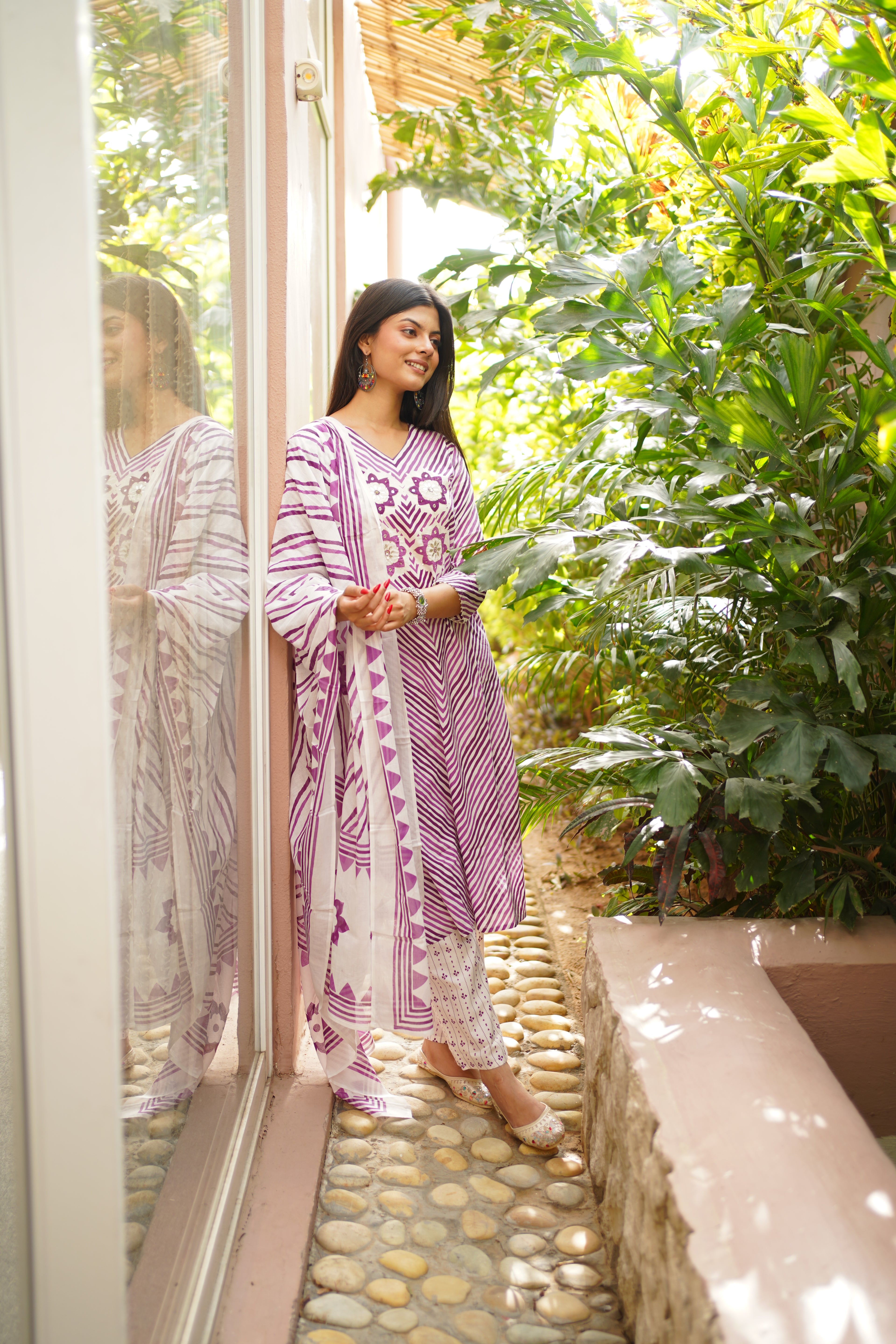 Purple & White Cotton Printed Kurta Pant Dupatta Set with Floral Mirror Work