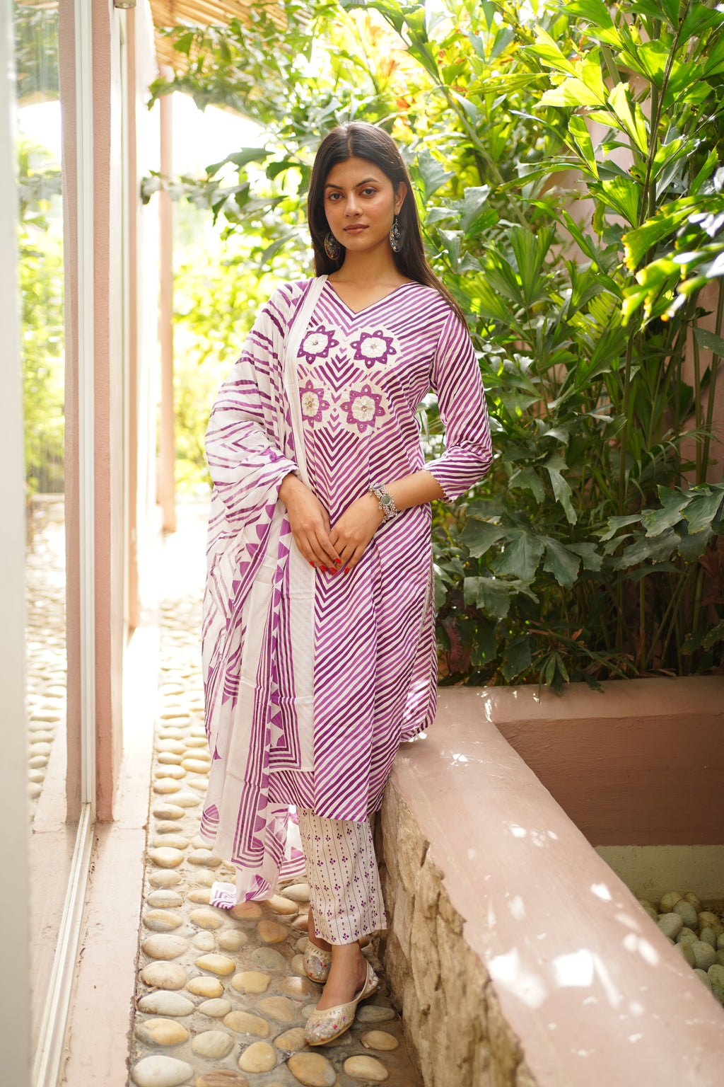 Purple & White Cotton Printed Kurta Pant Dupatta Set with Floral Mirror Work