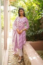 Purple & White Cotton Printed Kurta Pant Dupatta Set with Floral Mirror Work