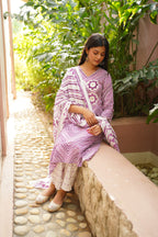 Purple & White Cotton Printed Kurta Pant Dupatta Set with Floral Mirror Work