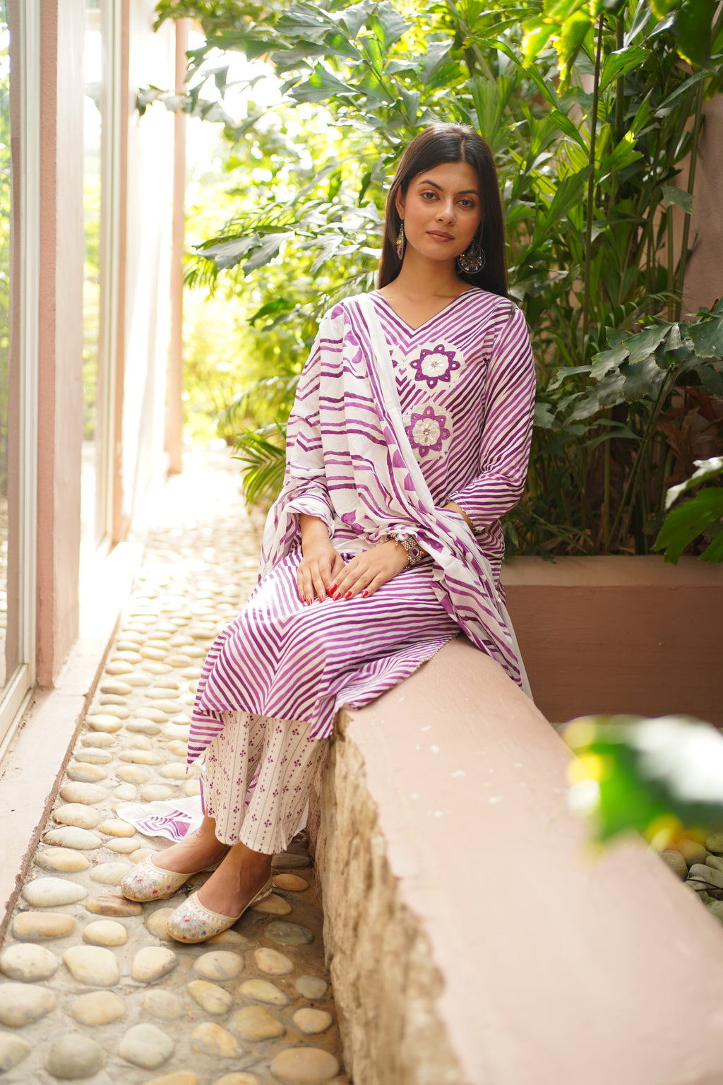Purple & White Cotton Printed Kurta Pant Dupatta Set with Floral Mirror Work