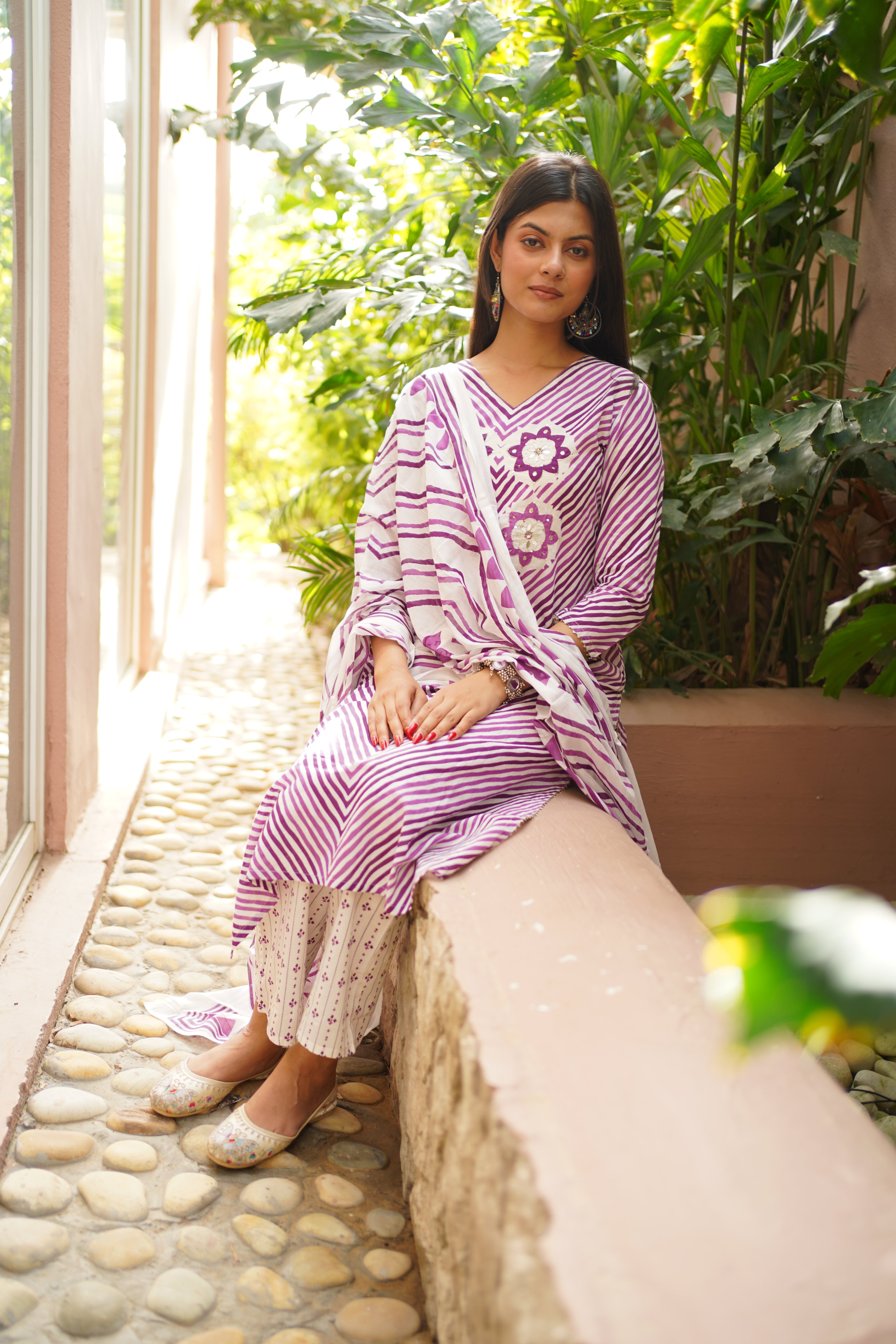 Purple & White Cotton Printed Kurta Pant Dupatta Set with Floral Mirror Work
