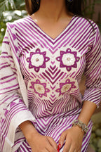 Purple & White Cotton Printed Kurta Pant Dupatta Set with Floral Mirror Work