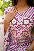 Purple & White Cotton Printed Kurta Pant Dupatta Set with Floral Mirror Work