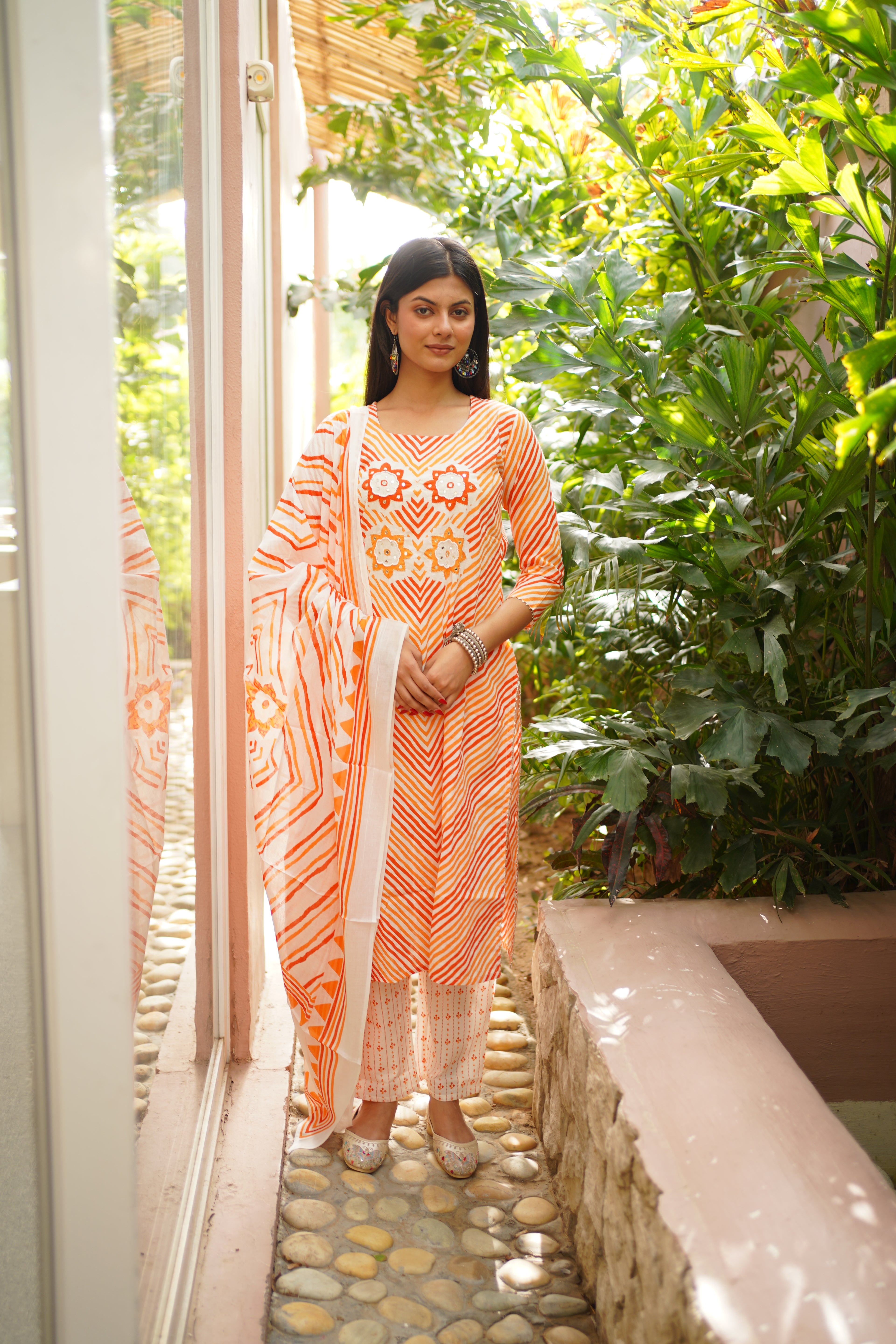 Orange & White Cotton Printed Kurta Pant Dupatta Set with Floral Mirror Work