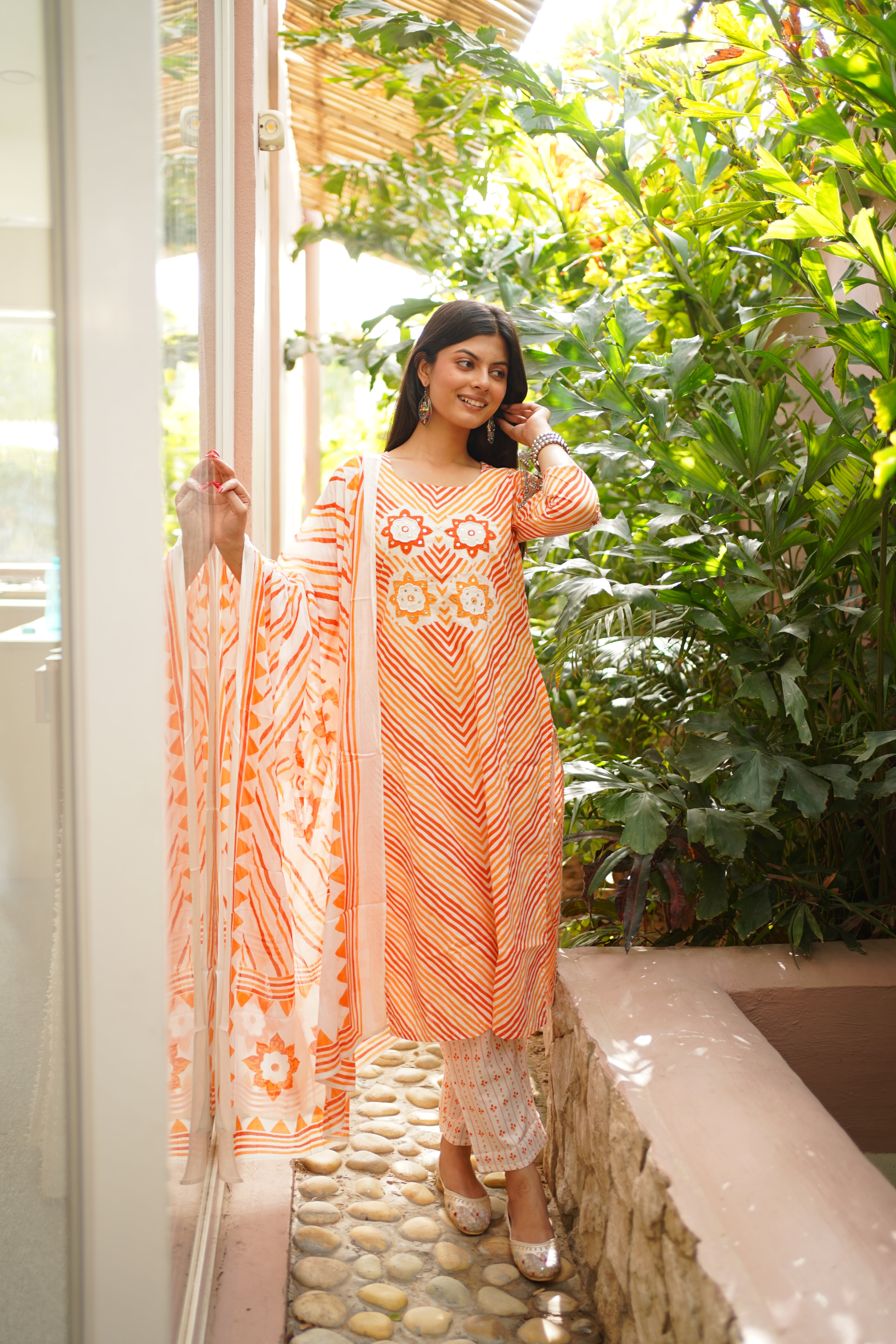 Orange & White Cotton Printed Kurta Pant Dupatta Set with Floral Mirror Work