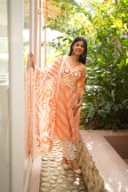 Orange & White Cotton Printed Kurta Pant Dupatta Set with Floral Mirror Work