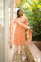 Orange & White Cotton Printed Kurta Pant Dupatta Set with Floral Mirror Work