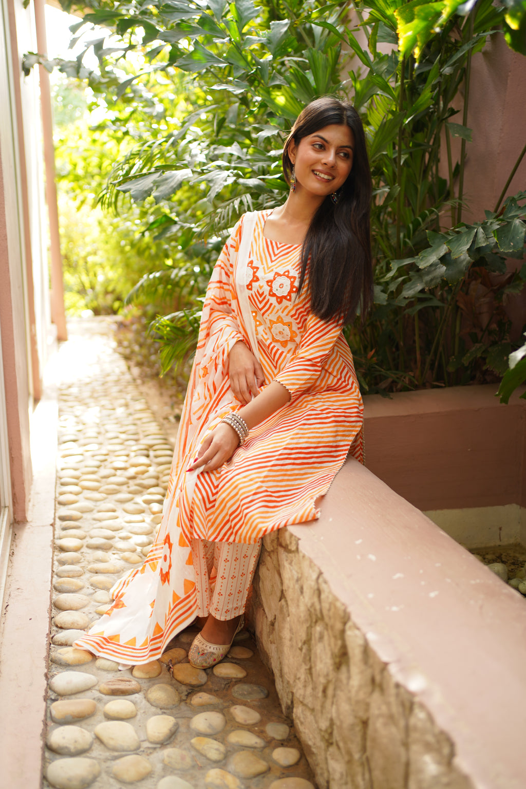 Orange & White Cotton Printed Kurta Pant Dupatta Set with Floral Mirror Work