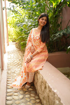 Orange & White Cotton Printed Kurta Pant Dupatta Set with Floral Mirror Work