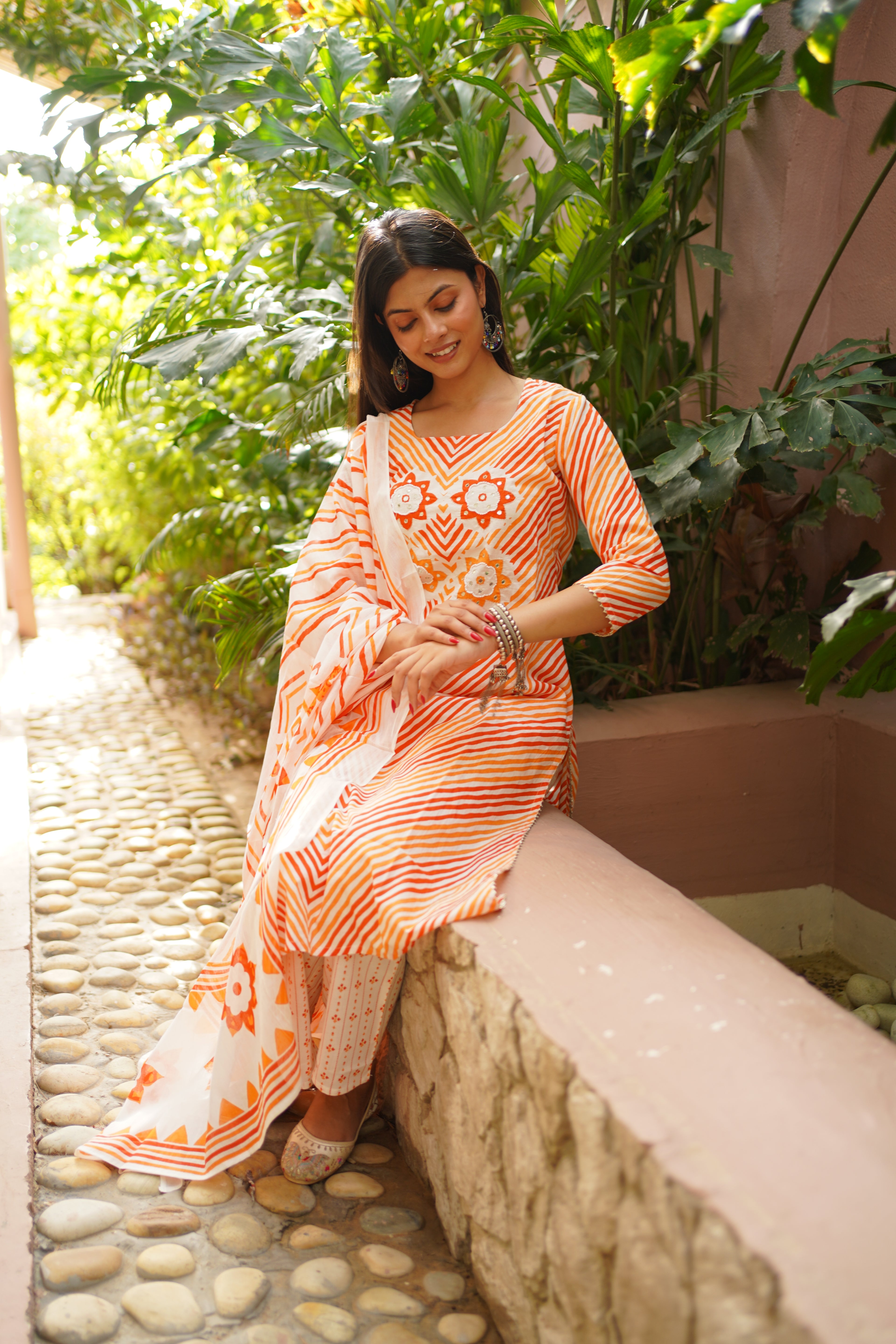 Orange & White Cotton Printed Kurta Pant Dupatta Set with Floral Mirror Work