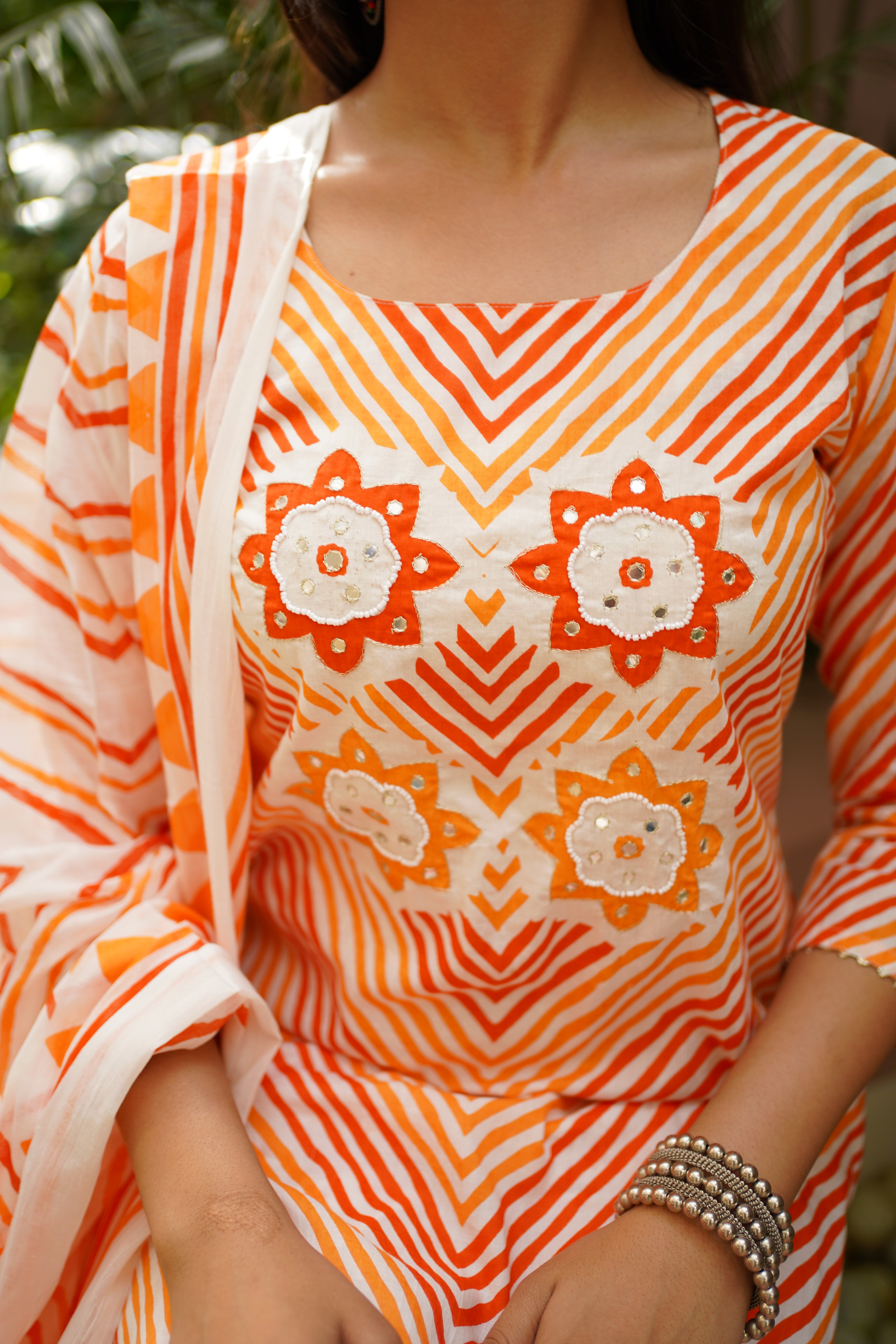 Orange & White Cotton Printed Kurta Pant Dupatta Set with Floral Mirror Work