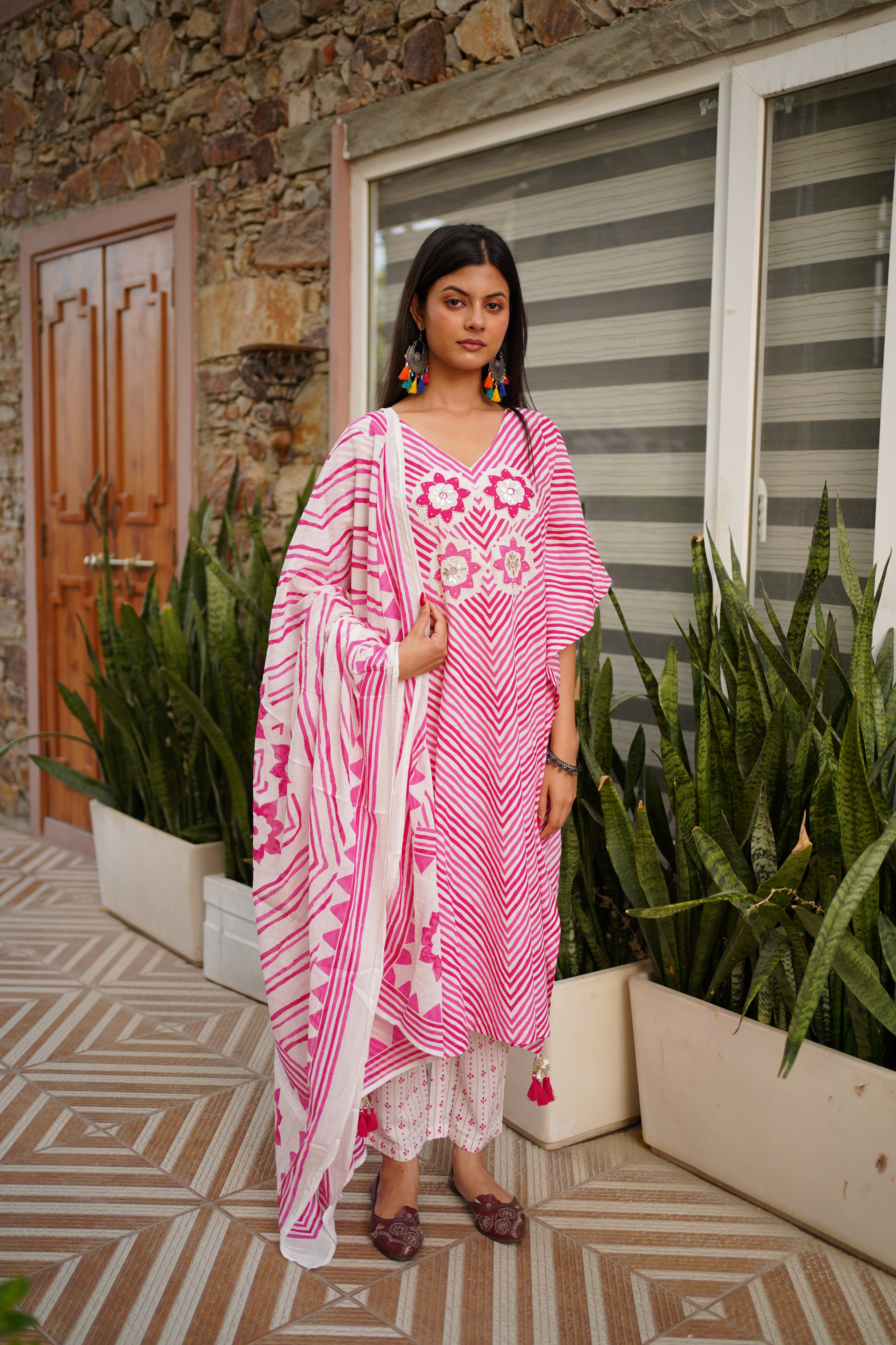 Pink & White Striped Cotton Kaftan Kurta with Floral