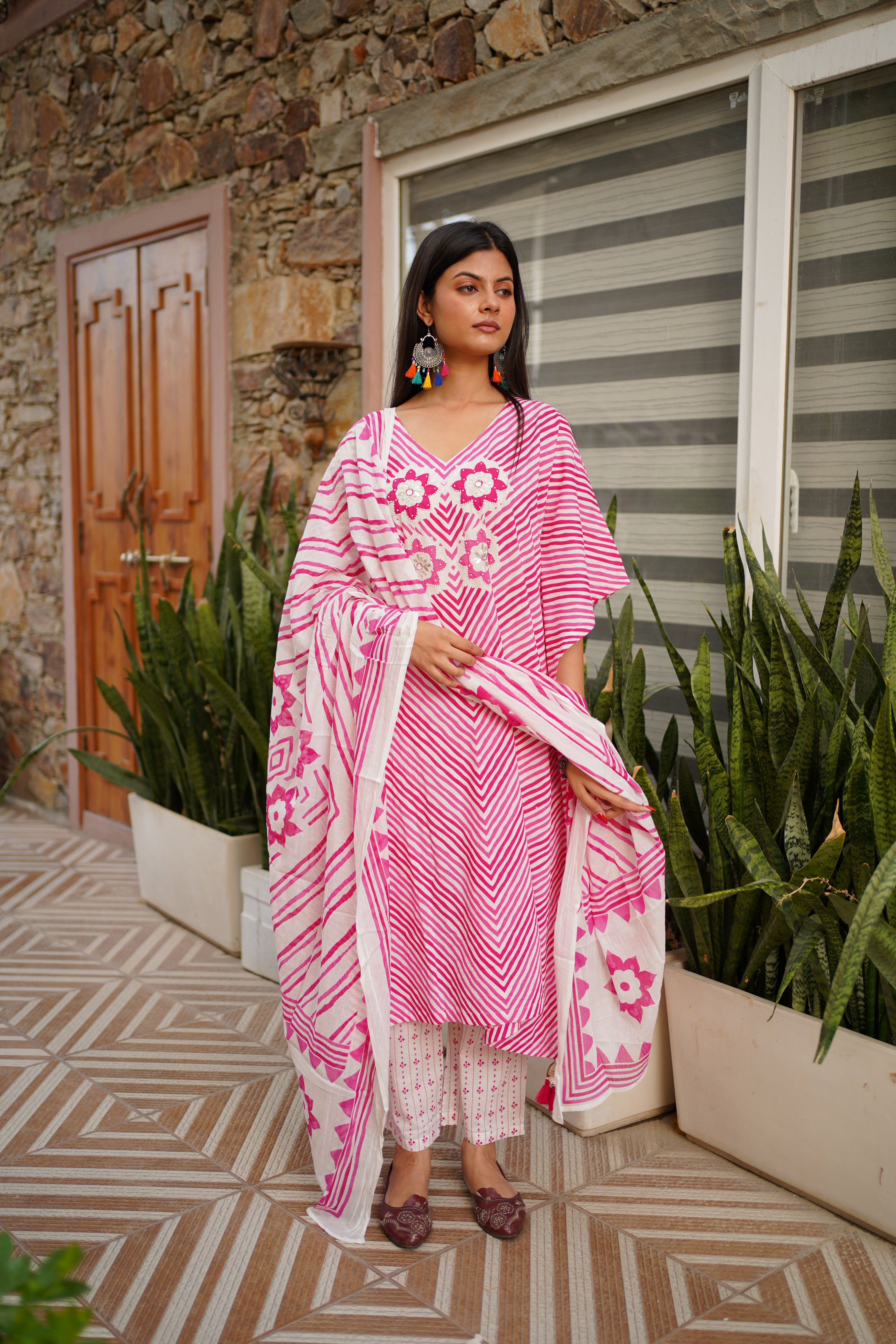 Pink & White Striped Cotton Kaftan Kurta with Floral