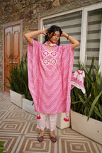 Pink & White Striped Cotton Kaftan Kurta with Floral