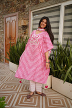 Pink & White Striped Cotton Kaftan Kurta with Floral