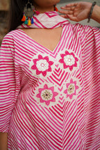 Pink & White Striped Cotton Kaftan Kurta with Floral