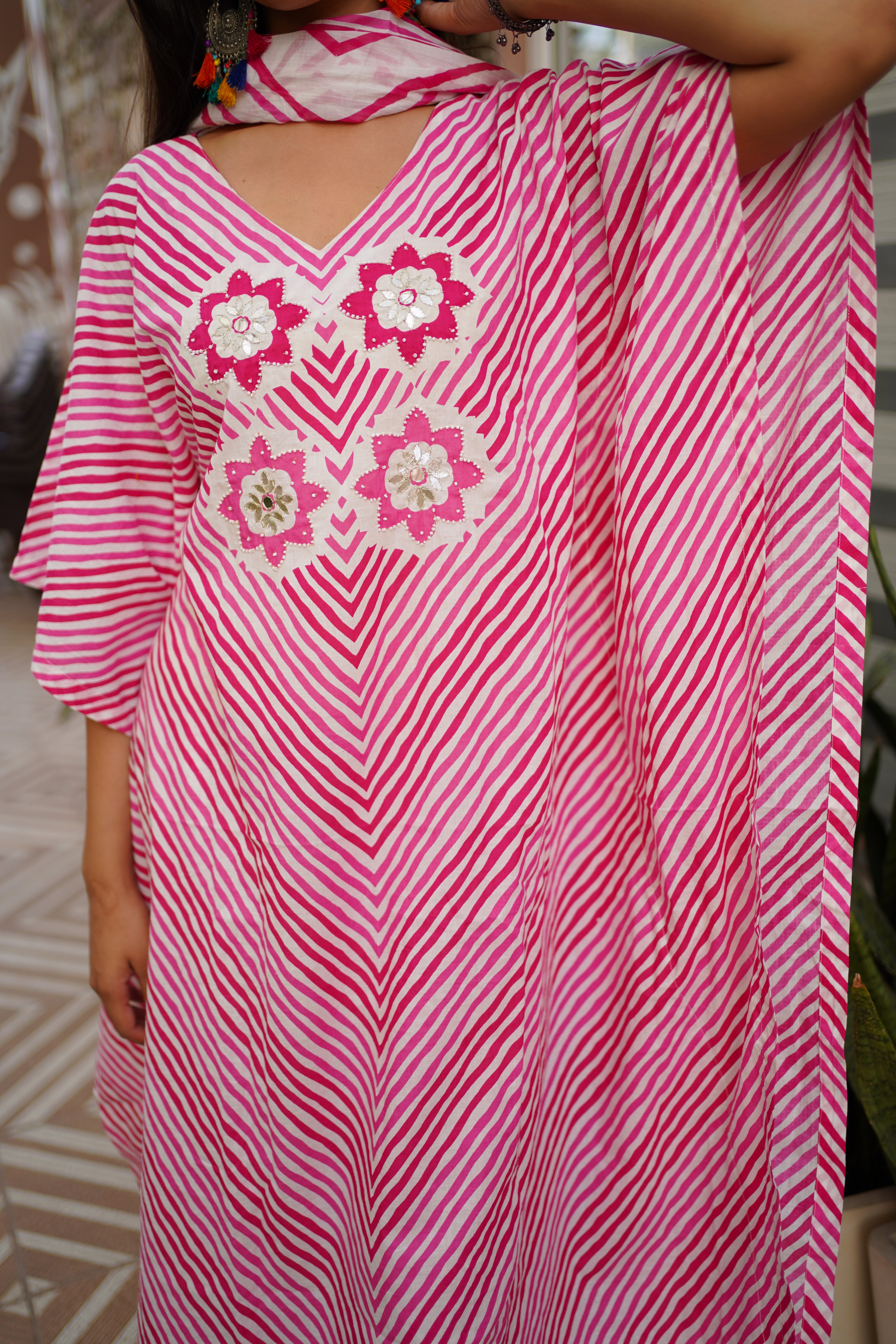 Pink & White Striped Cotton Kaftan Kurta with Floral