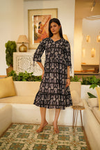 Black Hand Block Print Flared Midi Dress for