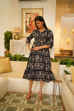 Black Hand Block Print Flared Midi Dress for