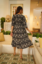 Black Hand Block Print Flared Midi Dress for