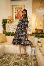 Black Hand Block Print Flared Midi Dress for