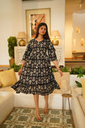 Black Hand Block Print Flared Midi Dress for