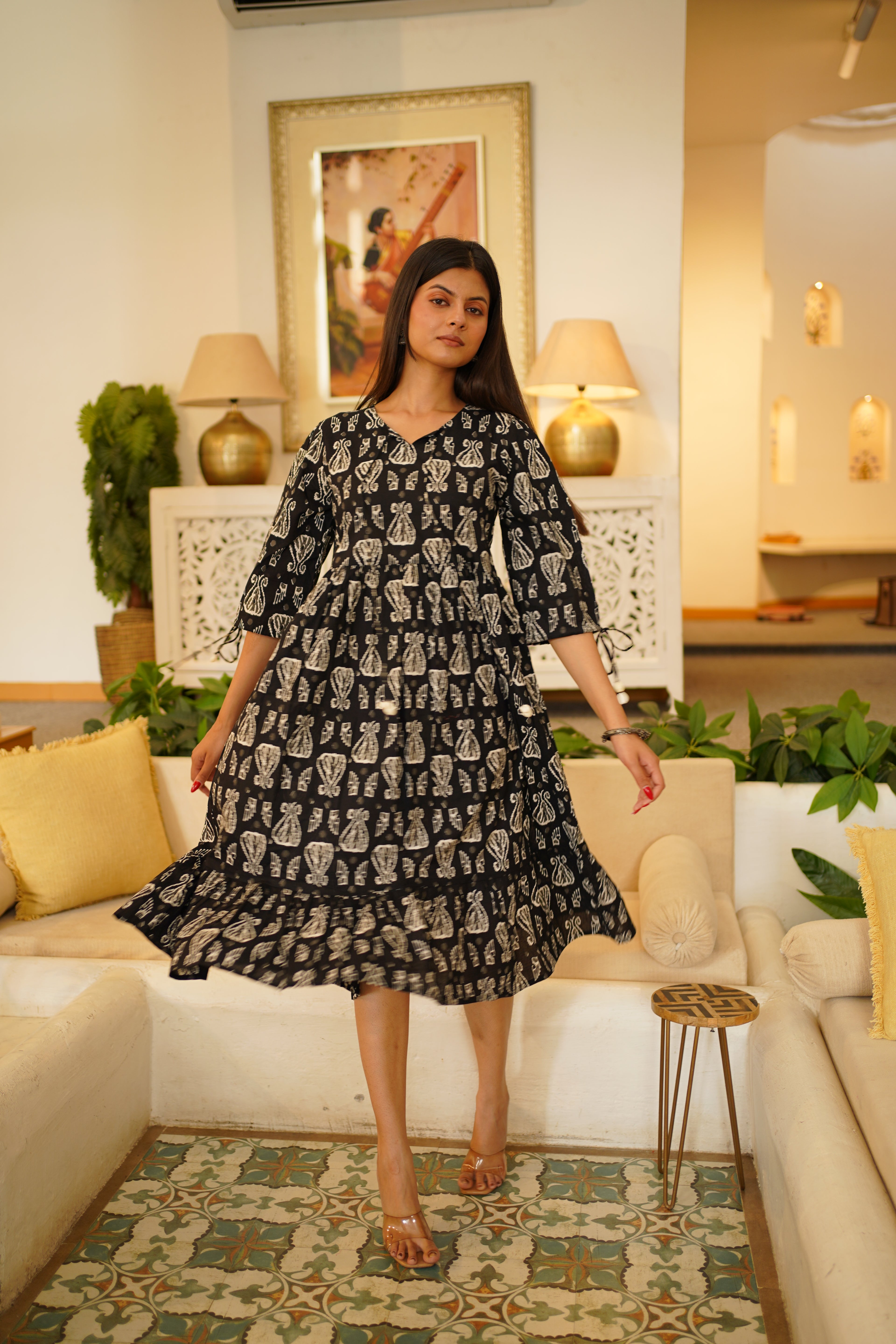 Black Hand Block Print Flared Midi Dress for