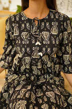 Black Hand Block Print Flared Midi Dress for