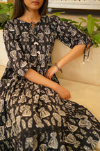 Black Hand Block Print Flared Midi Dress for