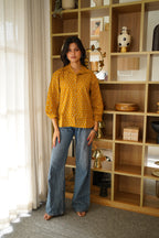 Mustard Yellow Printed Cotton Shirt | Full Button Front | Collared Neck