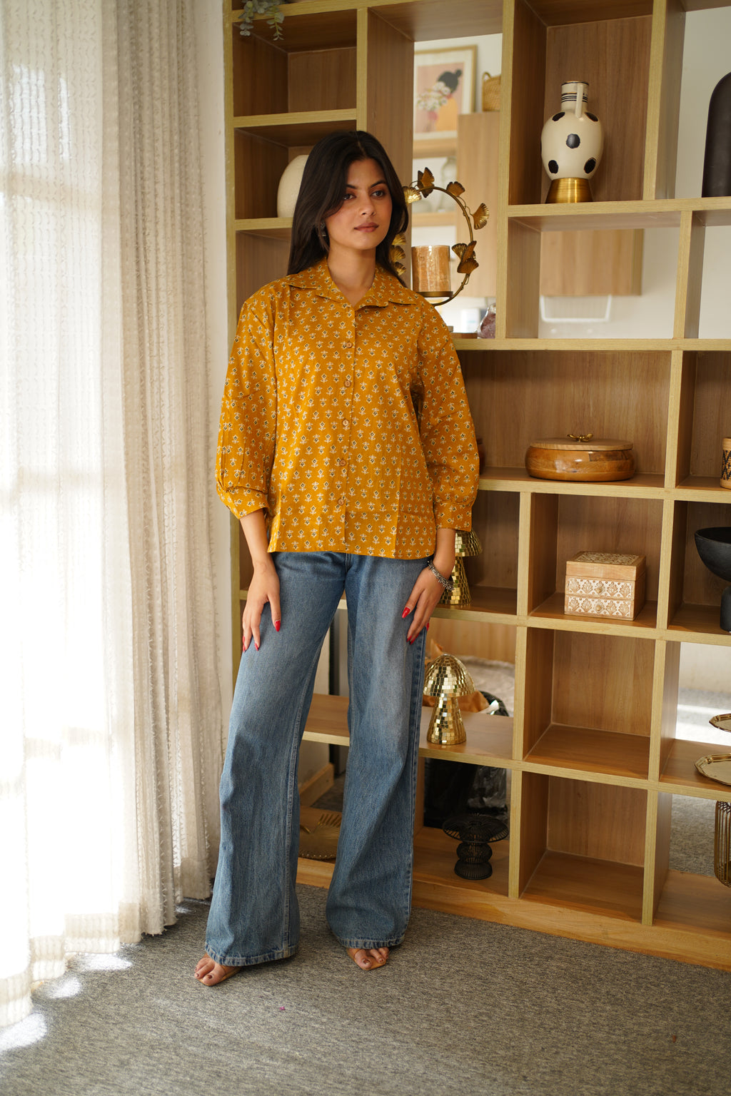 Mustard Yellow Printed Cotton Shirt | Full Button Front | Collared Neck