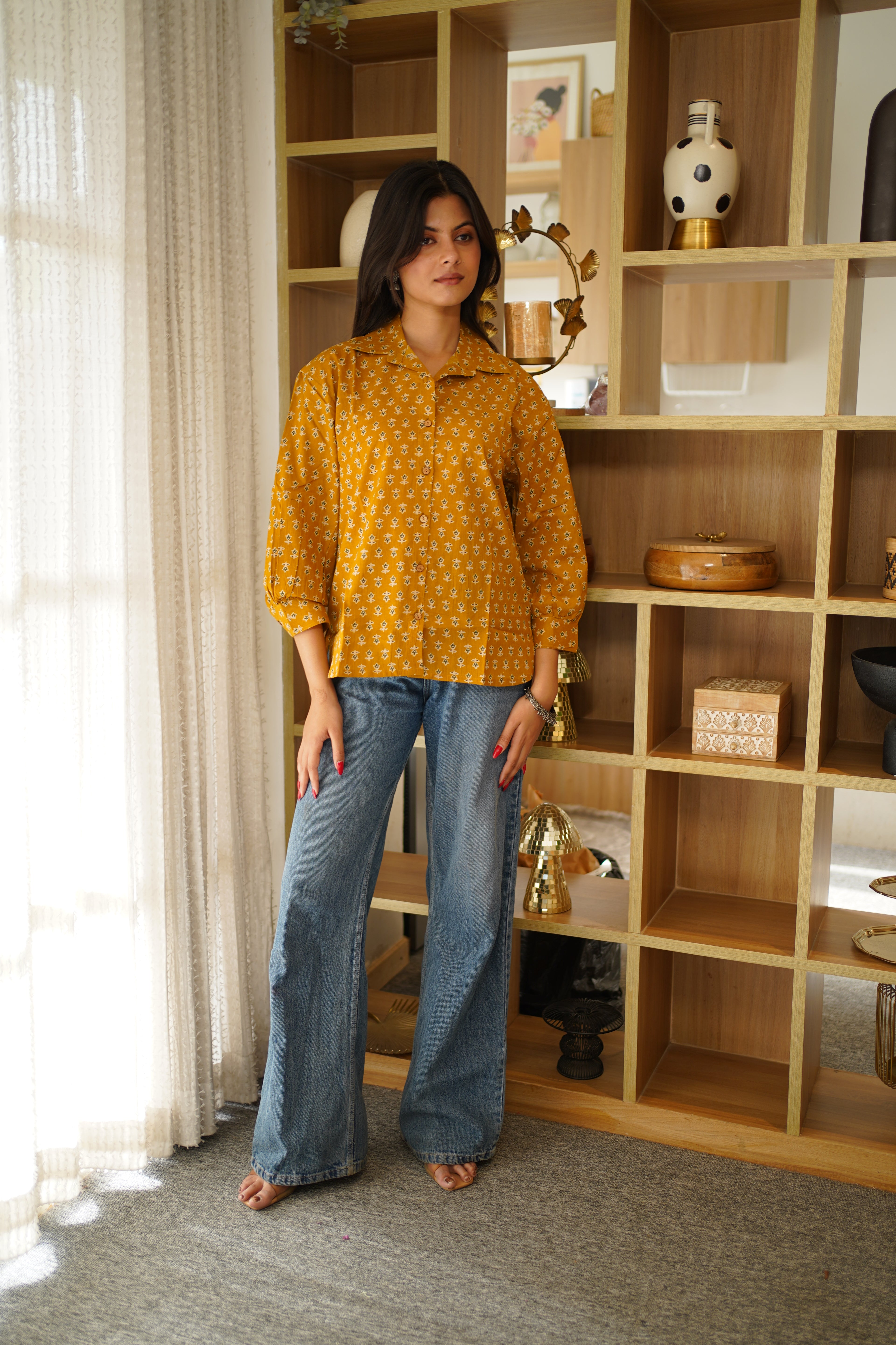 Mustard Yellow Printed Cotton Shirt | Full Button Front | Collared Neck