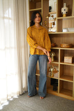 Mustard Yellow Printed Cotton Shirt | Full Button Front | Collared Neck