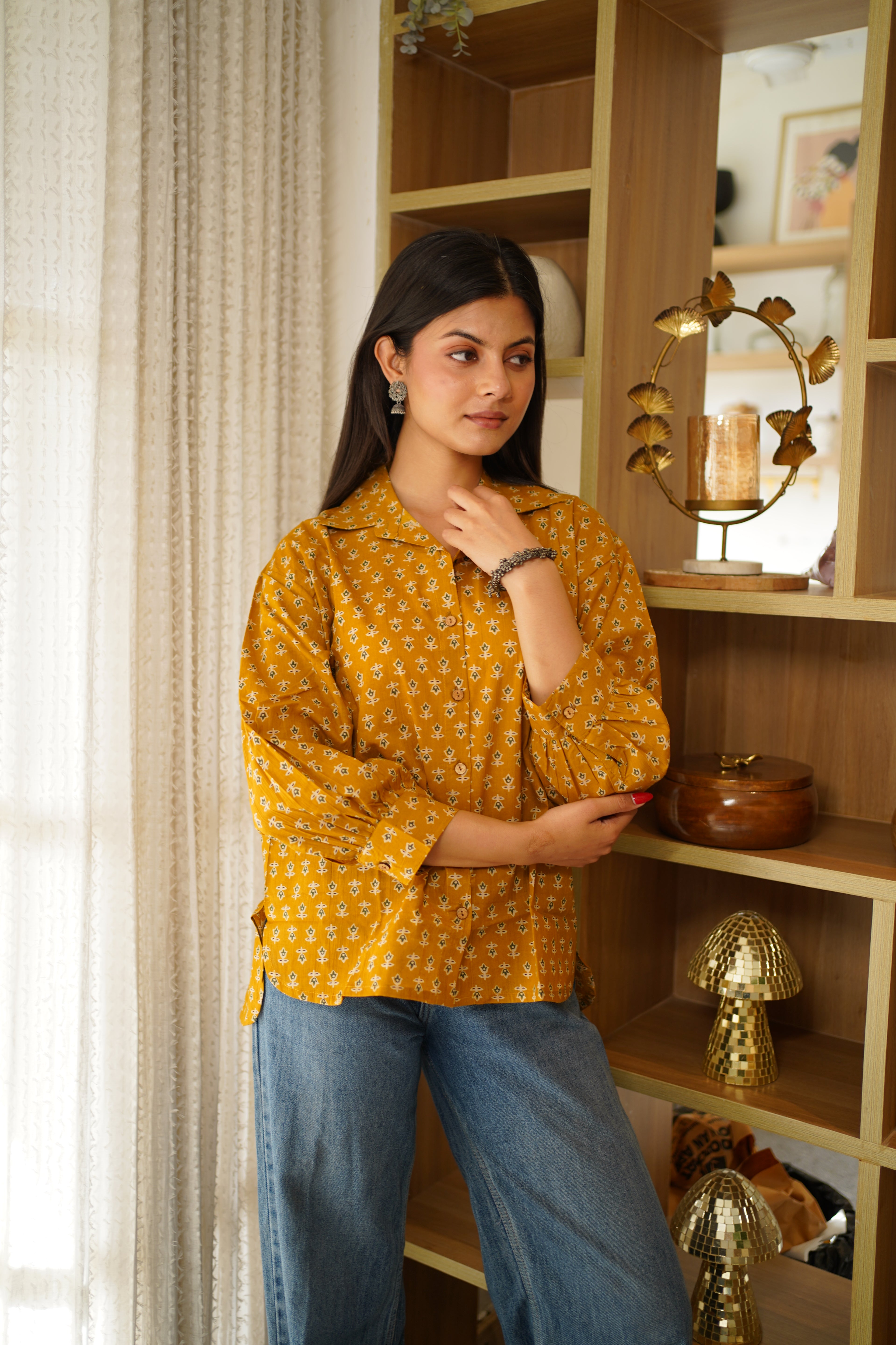 Mustard Yellow Printed Cotton Shirt | Full Button Front | Collared Neck