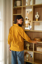 Mustard Yellow Printed Cotton Shirt | Full Button Front | Collared Neck