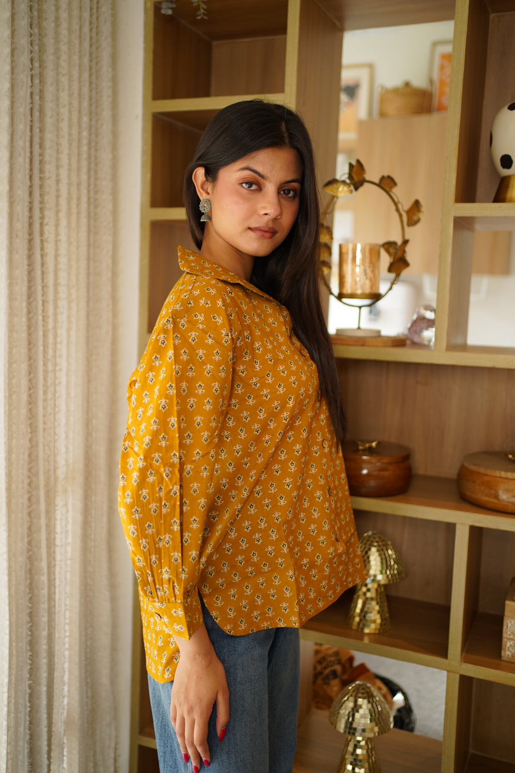 Mustard Yellow Printed Cotton Shirt | Full Button Front | Collared Neck