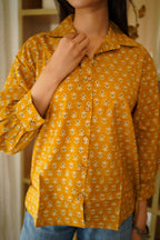 Mustard Yellow Printed Cotton Shirt | Full Button Front | Collared Neck