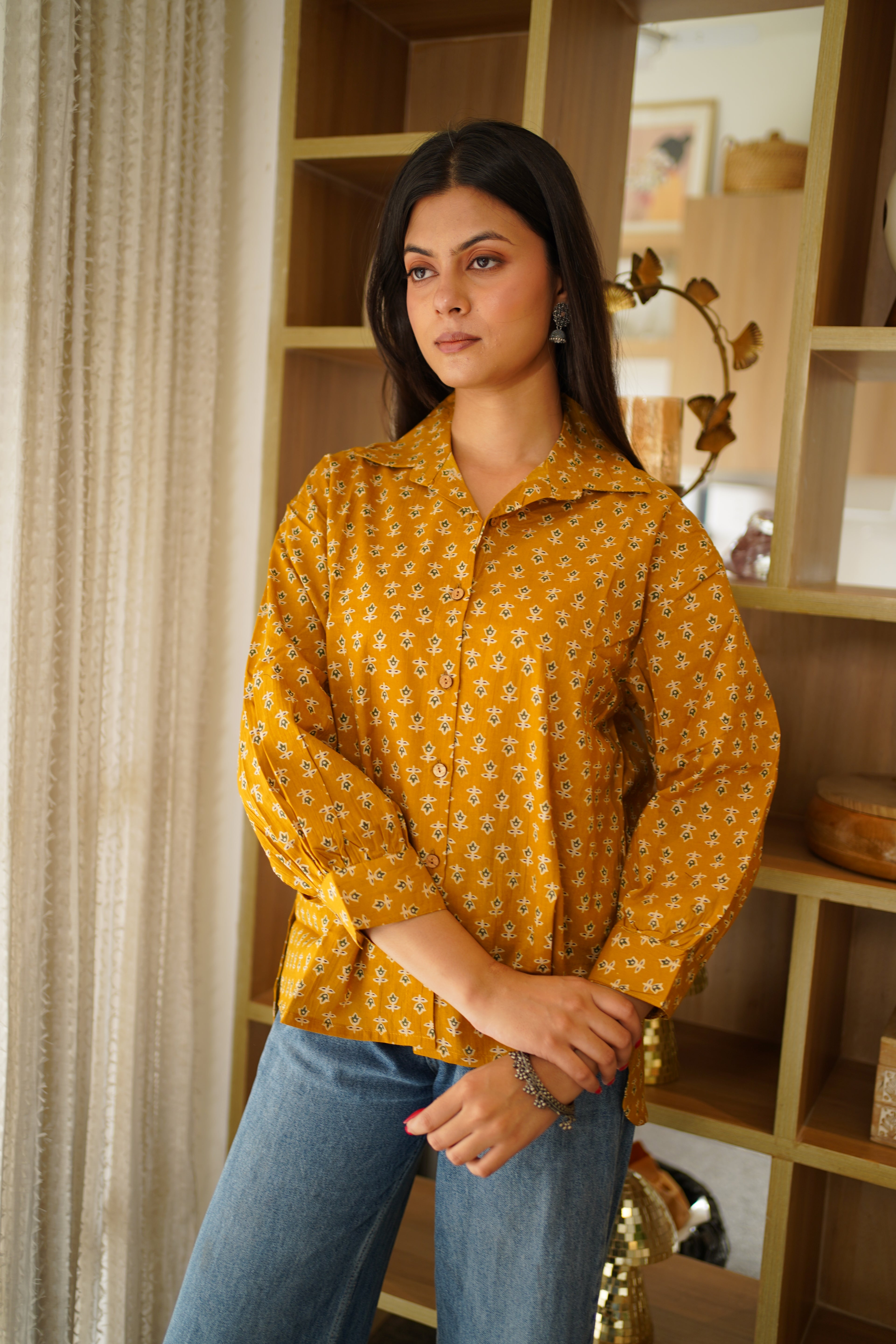 Mustard Yellow Printed Cotton Shirt | Full Button Front | Collared Neck