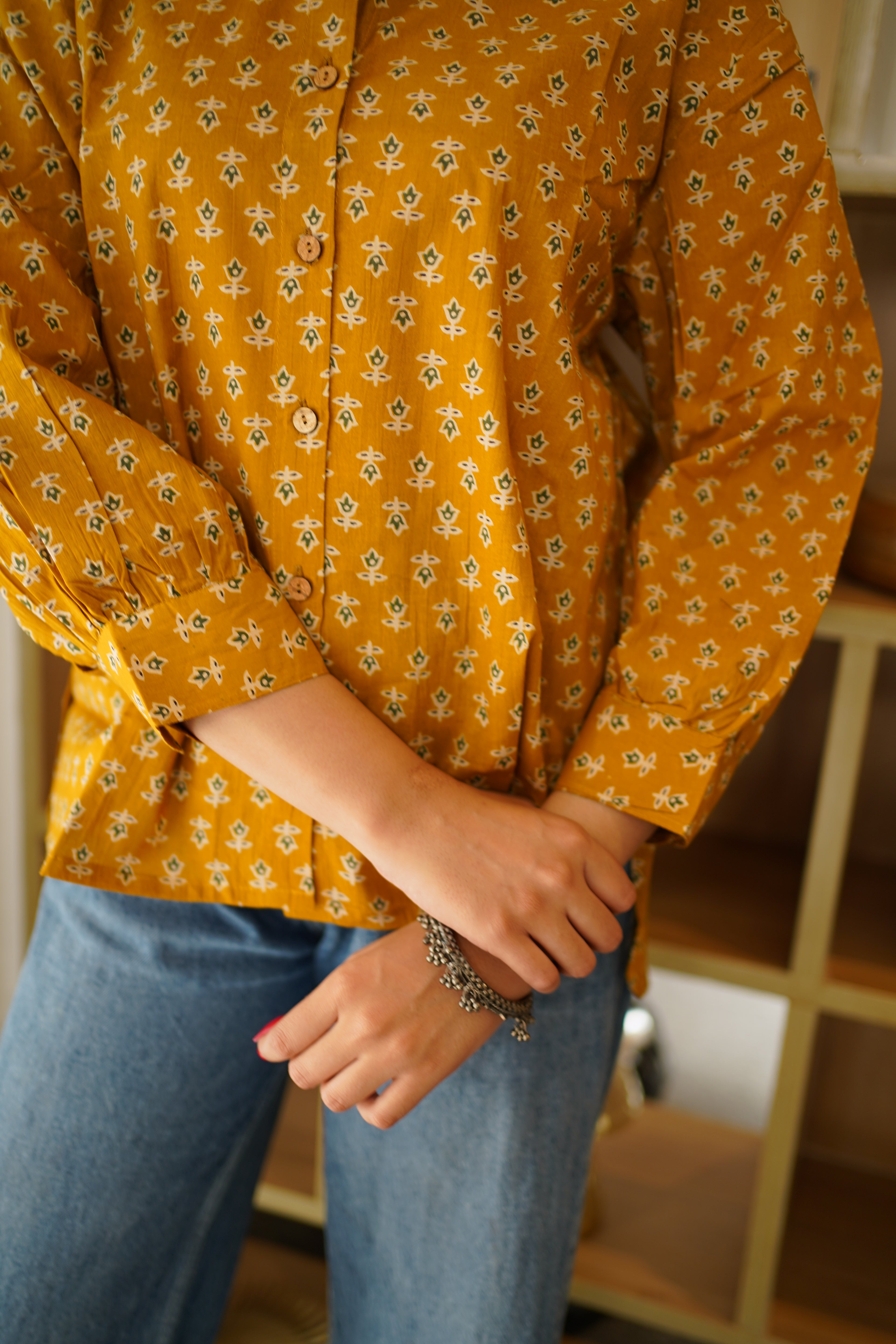 Mustard Yellow Printed Cotton Shirt | Full Button Front | Collared Neck