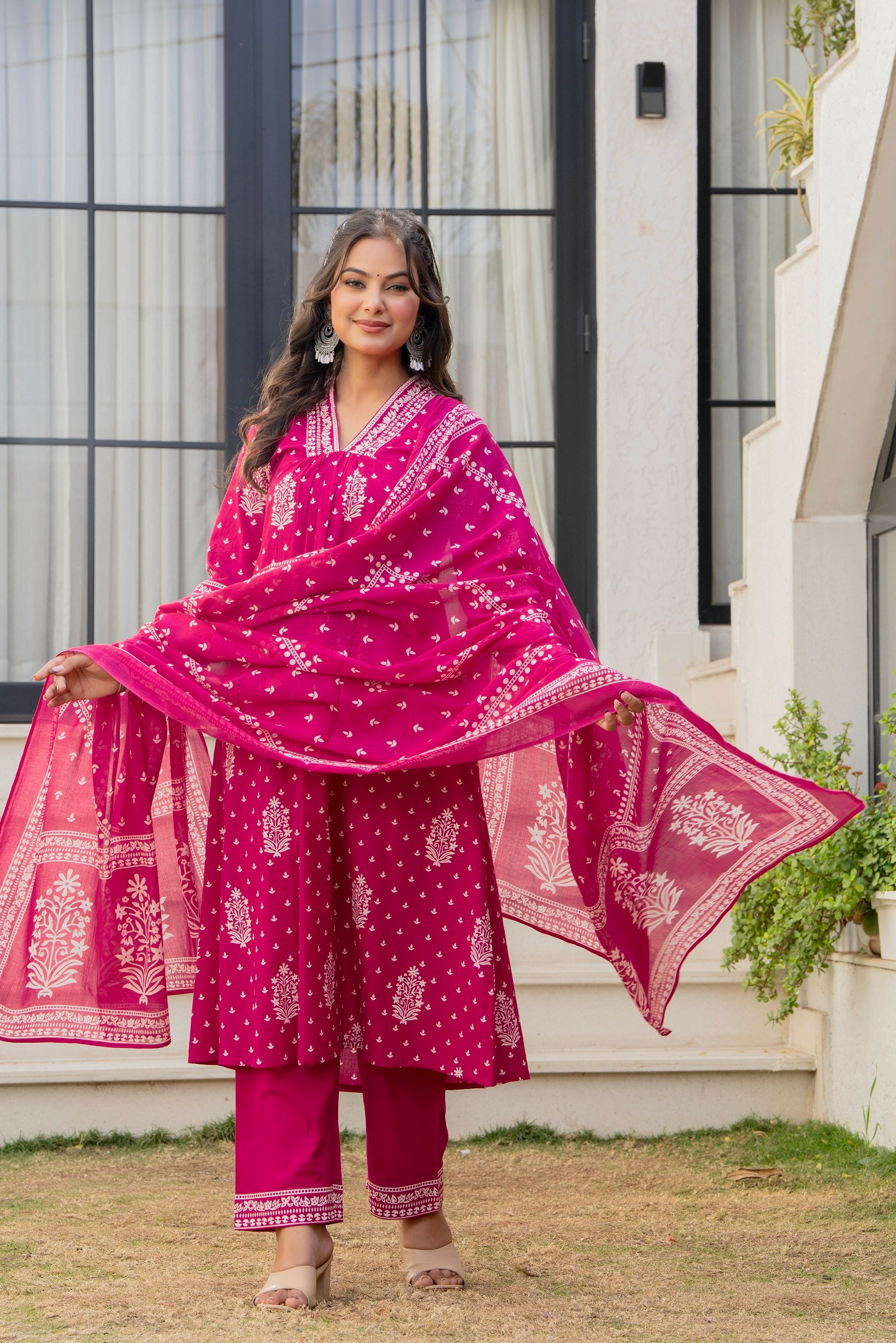 Pink Printed Cotton Kurta Set with Dupatta