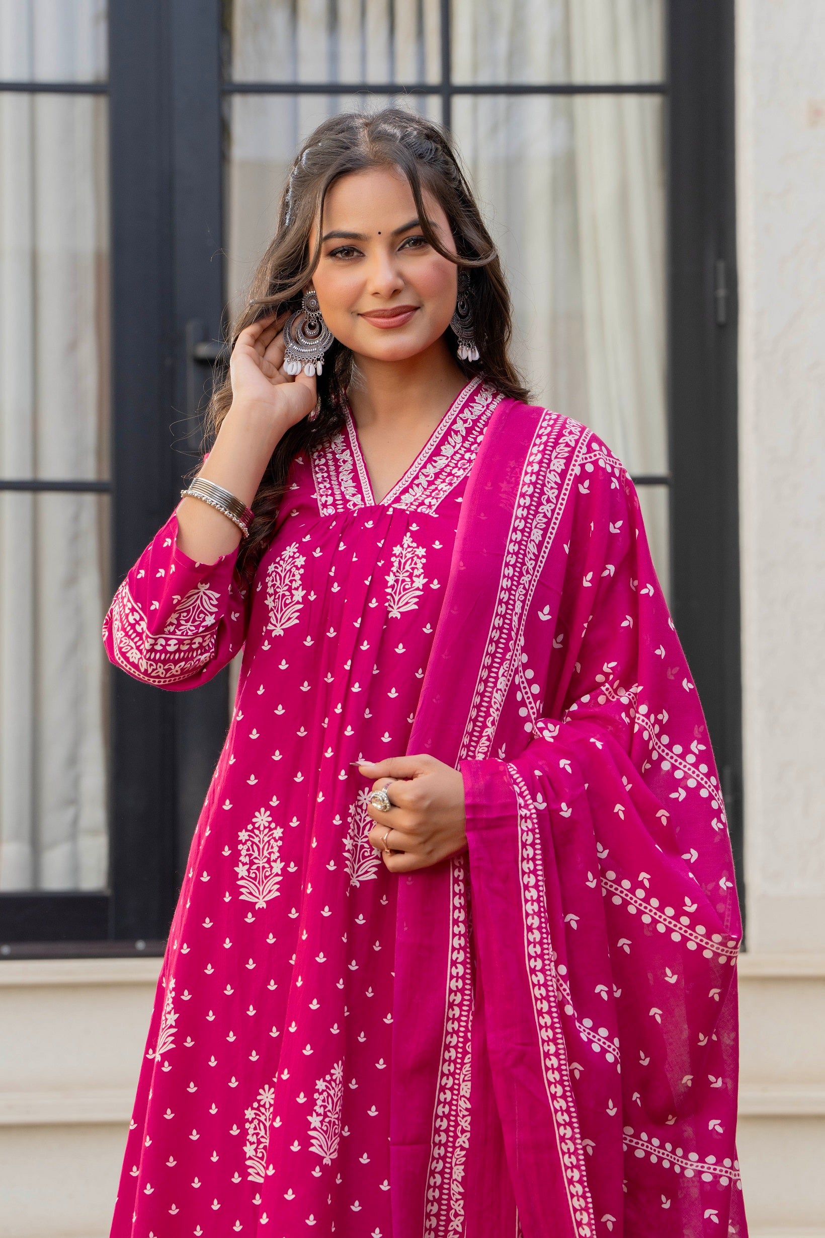 Pink Printed Cotton Kurta Set with Dupatta