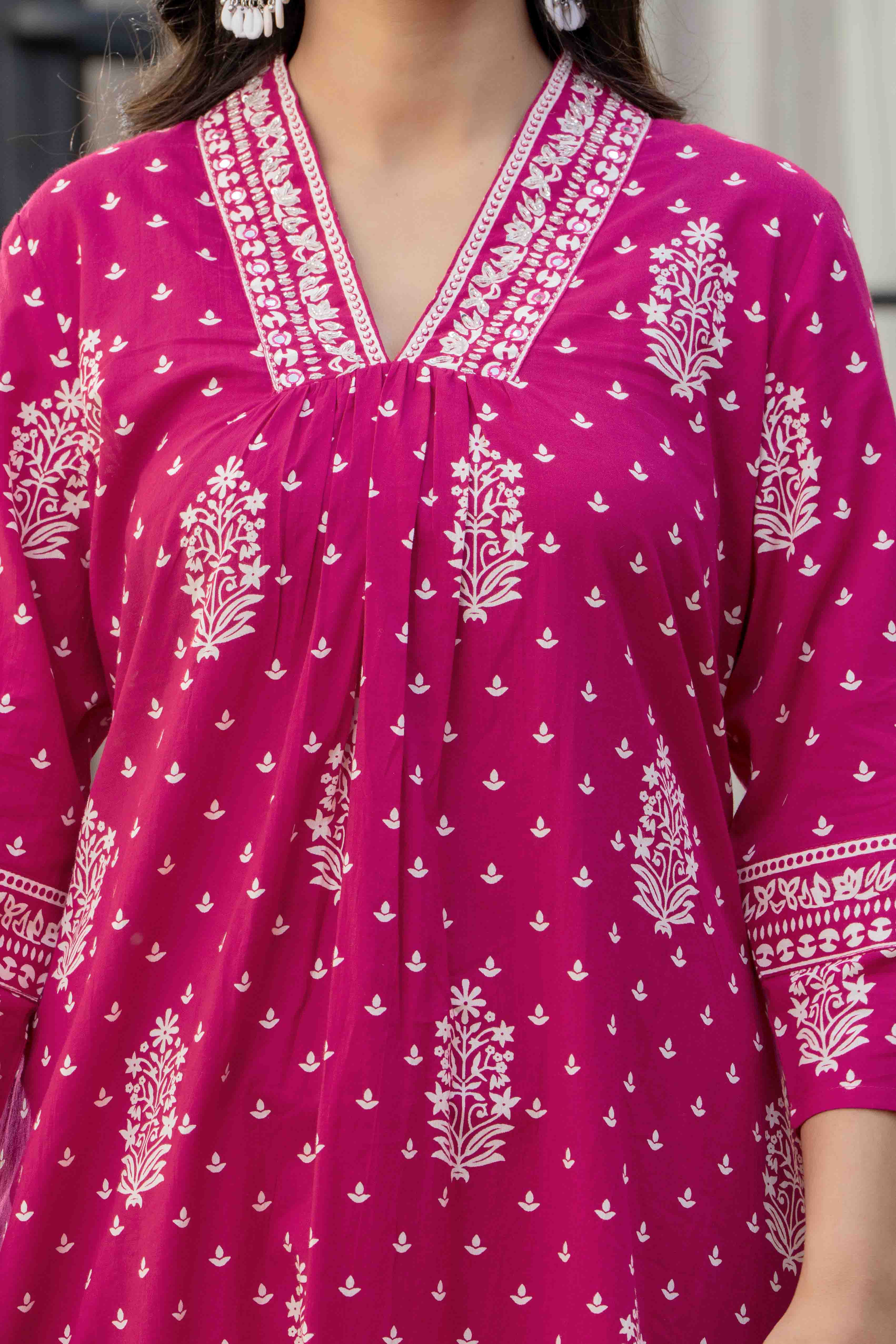 Pink Printed Cotton Kurta Set with Dupatta