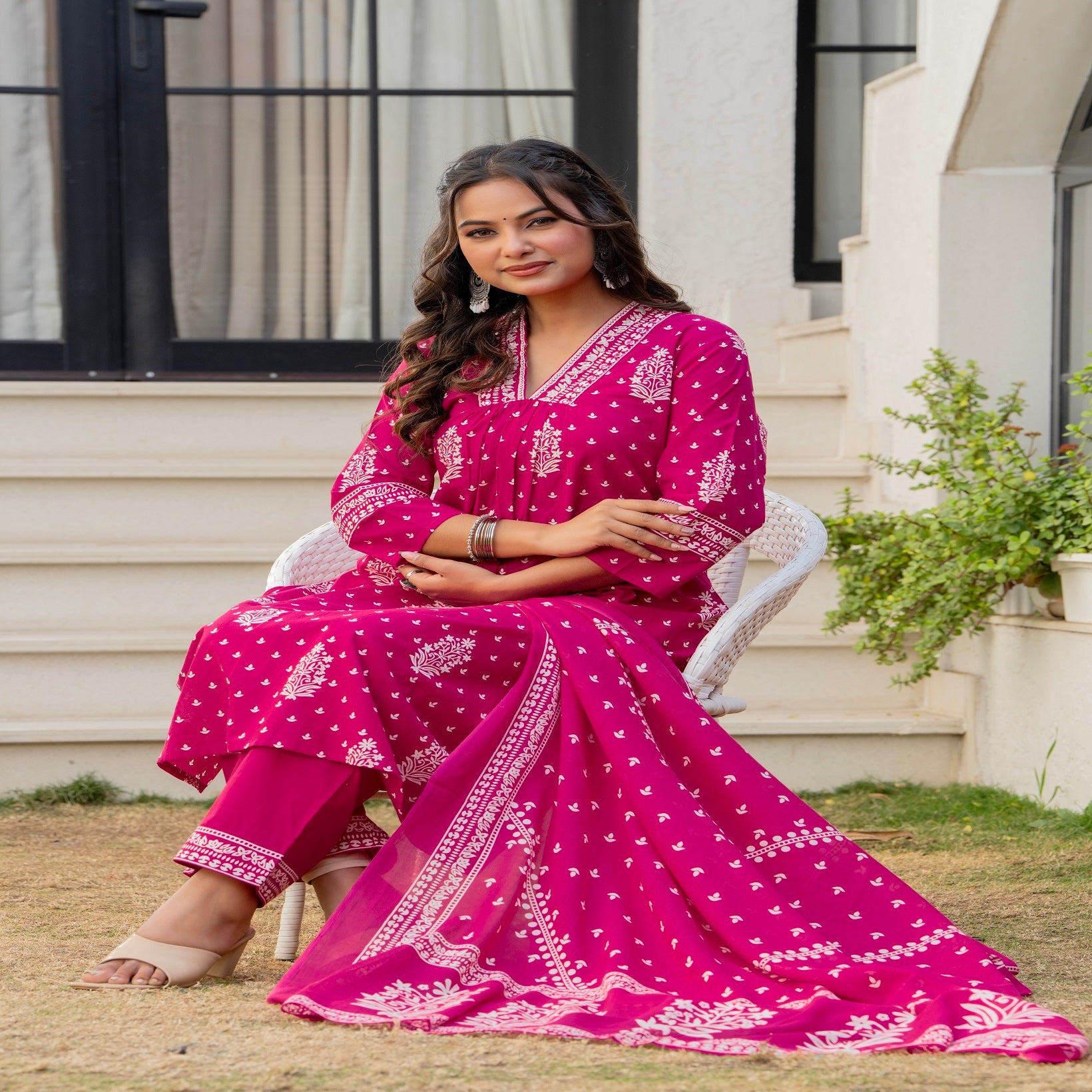 Pink Printed Cotton Kurta Set with Dupatta