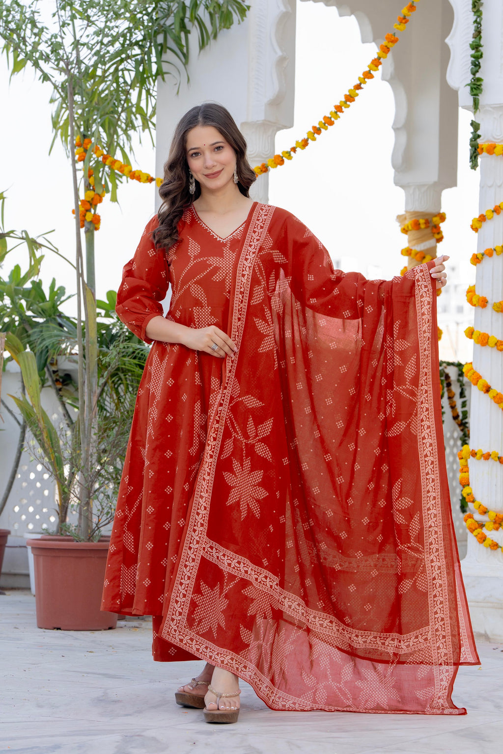 Ruby Red Printed Cotton Kurta Set with Dupatta
