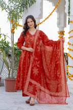 Ruby Red Printed Cotton Kurta Set with Dupatta